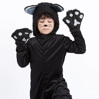 Black Cat Cosplay Children's Costume Cute Kitten Animal Onesie + Gloves + Hat Suit Suitable for Stage Show Halloween Party