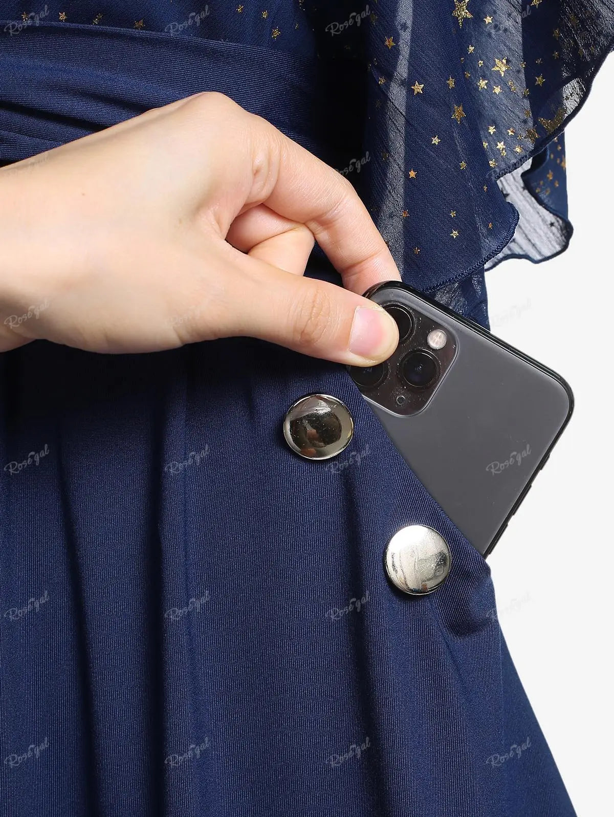 Plus Size Stars Print Buckle Button Pockets Ruched Butterfly Sleeves Dress Deep Blue Women Casual Square Collar Dresses