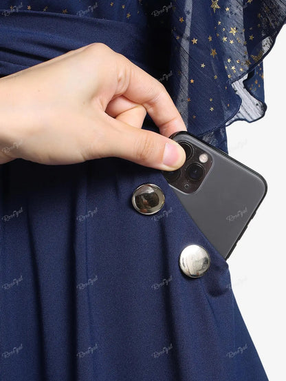 Plus Size Stars Print Buckle Button Pockets Ruched Butterfly Sleeves Dress Deep Blue Women Casual Square Collar Dresses
