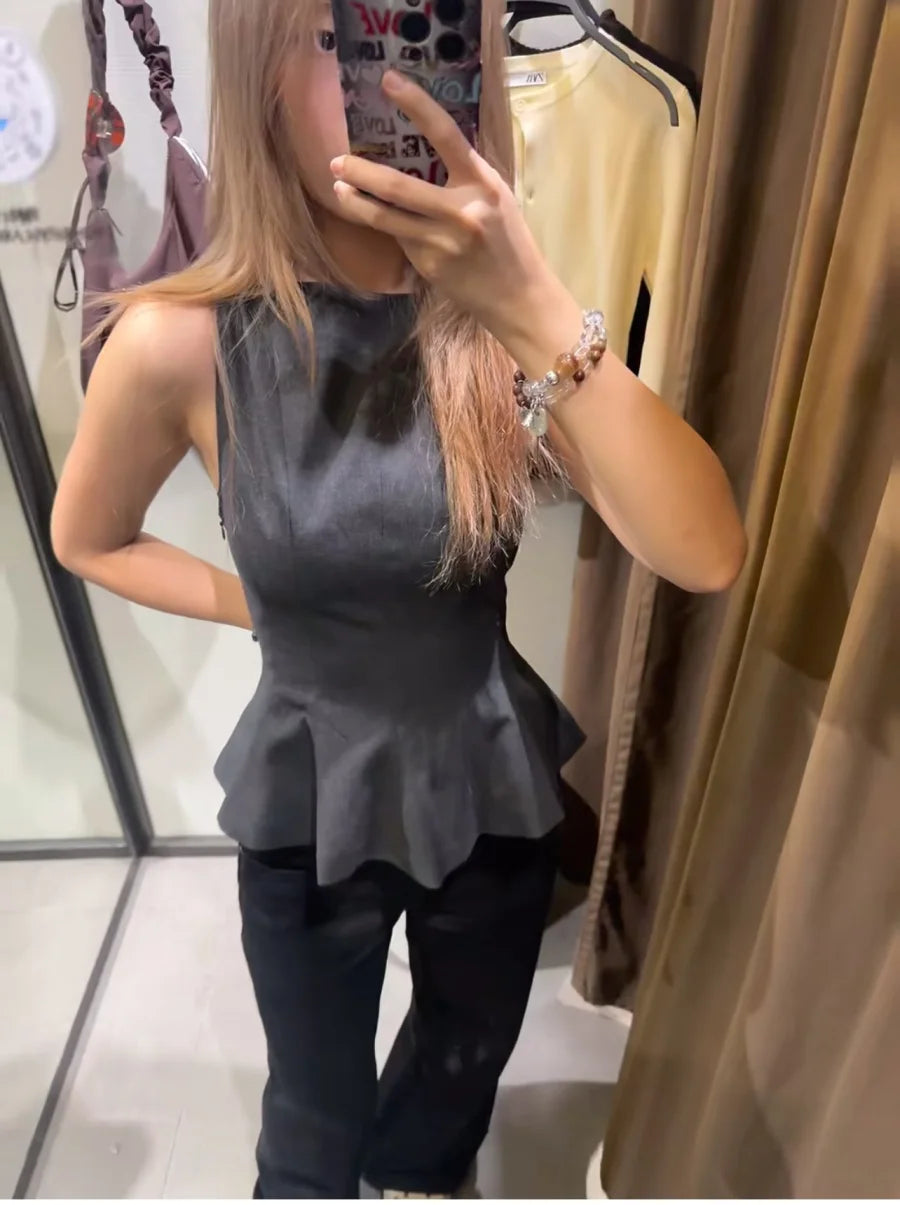 Fall/Winter 2025 New  Women's Fashion Elegant ruffled hem round neck sleeveless waist slim-fit top 4661124