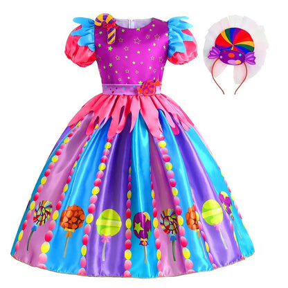 2026 New Candy Dress For Baby Girl Purim Carnival Birthday Costume Fancy Rainbow Short Sleeve Cute Dress + Accessories Set