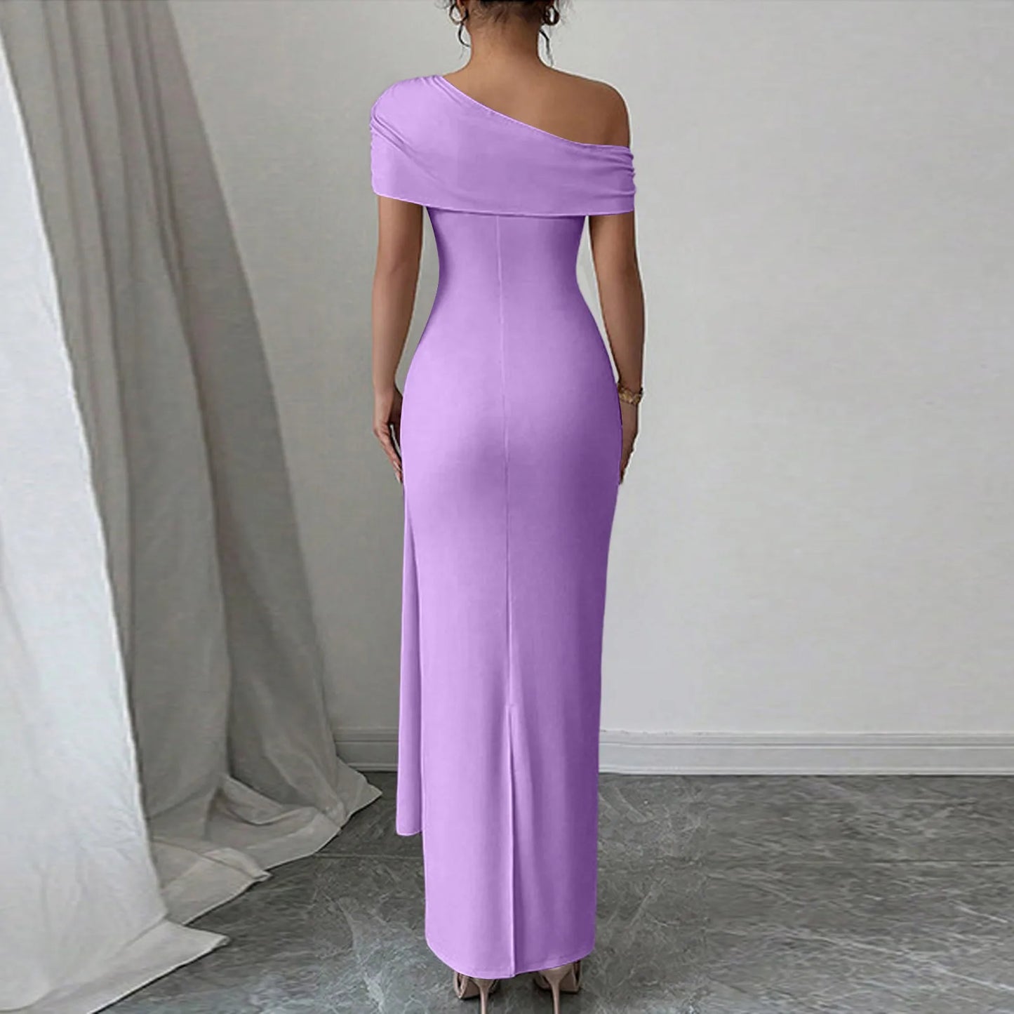 Vestidos Longos de Festa Sensuais para Mulheres, Vestido de Cor Sólida sem Mangas com Decote Diagonal, Vestido Maxi Plissado Justo, Vestido Bodycon Moderno