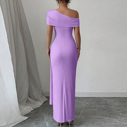 Vestidos Longos de Festa Sensuais para Mulheres, Vestido de Cor Sólida sem Mangas com Decote Diagonal, Vestido Maxi Plissado Justo, Vestido Bodycon Moderno