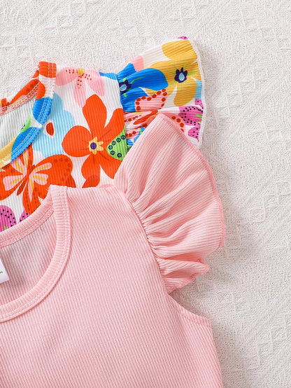 2-Pack - Girls' Fashionable Summer Dresses, Children's Clothing, Floral Butterfly Print, Round Neck, Flutter Sleeves, Waist-Cinching, Bowknot, Mid-Length Dress, Summer Wear, Simple and Comfortable Casual Versatile Youthful Ch
