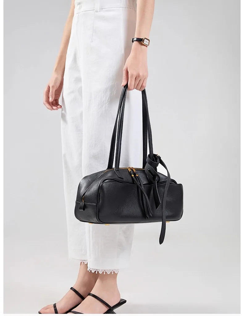 High version genuine leather pillow bag for women 2025 new all-match large capacity first layer cowhide bowling bag for women