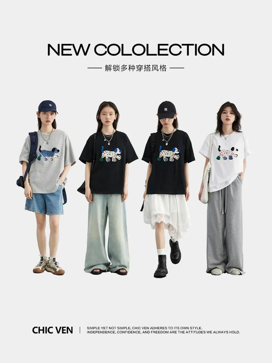 Women T-Shirts Loose Streetwear Unisex Fun Dog Embroidered Short Sleeve Cotton Girl Tees Female Top Summer 2025