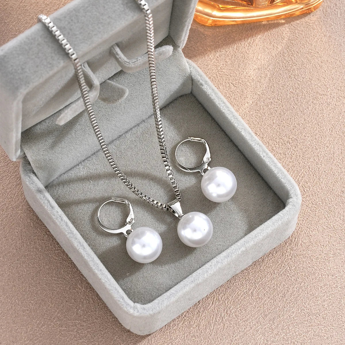 3 Pcs/Set Round Pearl Pendant Necklace For Women Exquisite Fashion Rhinestone Double  Earring Wedding Jewelry Set Gift