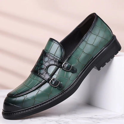 Classic Leather Men's Loafer Shoes Slip-on Double Buckles Green Black Shoes Wedding Party Formal Shoes for Men Zapatillas Male