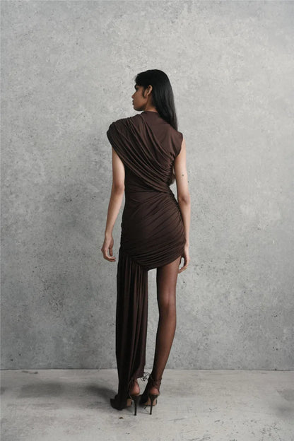 Irregular Draped Ruched Sexy Mini Dress For Women Elegant Turtleneck Sleeveless High Waist Pleated Club Party Dress