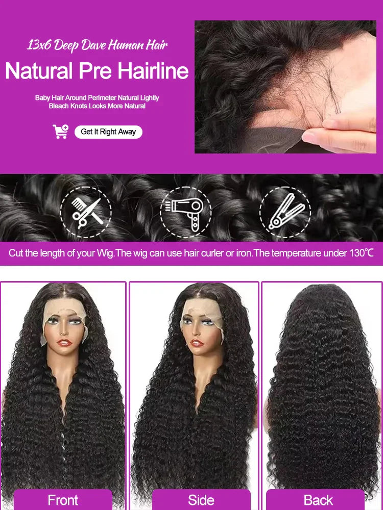 40 46 Inch Deep Wave Lace Frontal Wig 13x4 13x6 Hd Transparent Curly Human Hair Lace Front Wigs For Black Women Water Wave Lace Wigs Pre Plucked Baby Hair 300 High Density Brazilian Human Hair