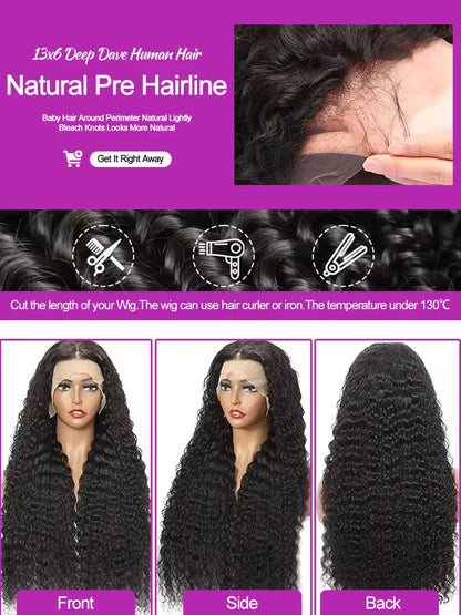 40 46 Inch Deep Wave Lace Frontal Wig 13x4 13x6 Hd Transparent Curly Human Hair Lace Front Wigs For Black Women Water Wave Lace Wigs Pre Plucked Baby Hair 300 High Density Brazilian Human Hair