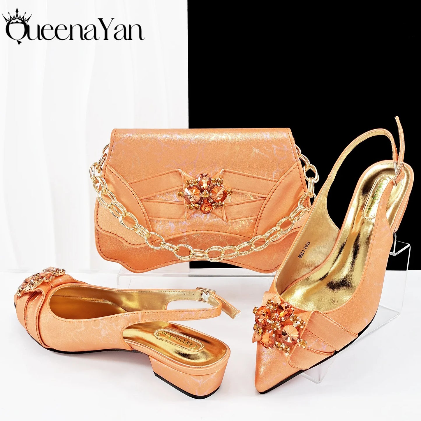 Queena Yan Elegant Pink Rhinestone Low-Heel Shoes & Handbag Set – Luxury Wedding & Party Accessories