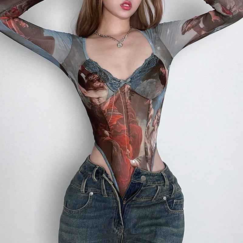 Vintage Print Sexy Bodysuit Lingerie See Through Gauze Lenceria Tranparente Long Sleeve Body Feminino Square Collar Bustier Tops
