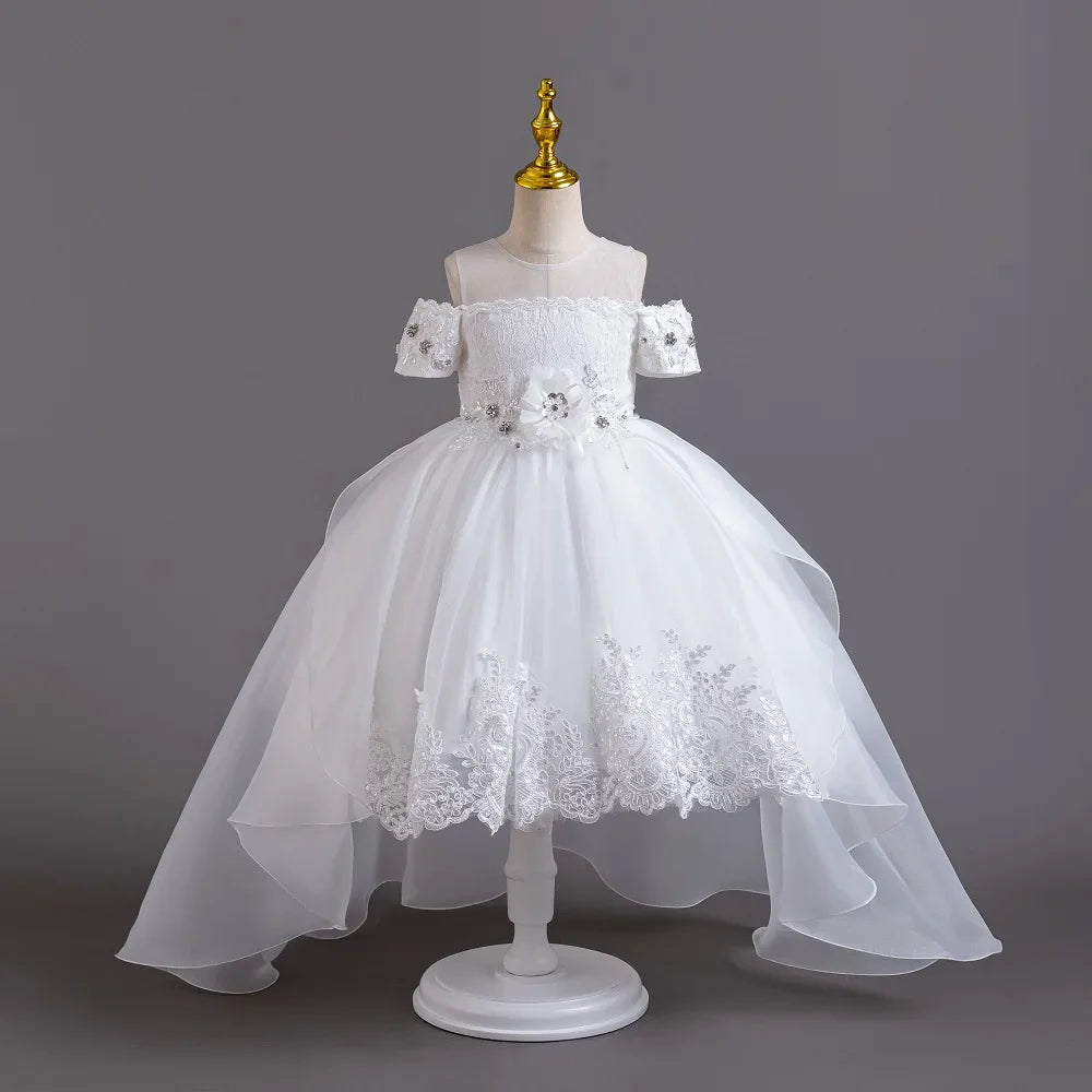 2026 New Summer Flower Girl Graduation Performance Tailcoat Embroidered Party Dress Trailing Tulle3-11 Years Old The Girl Dress