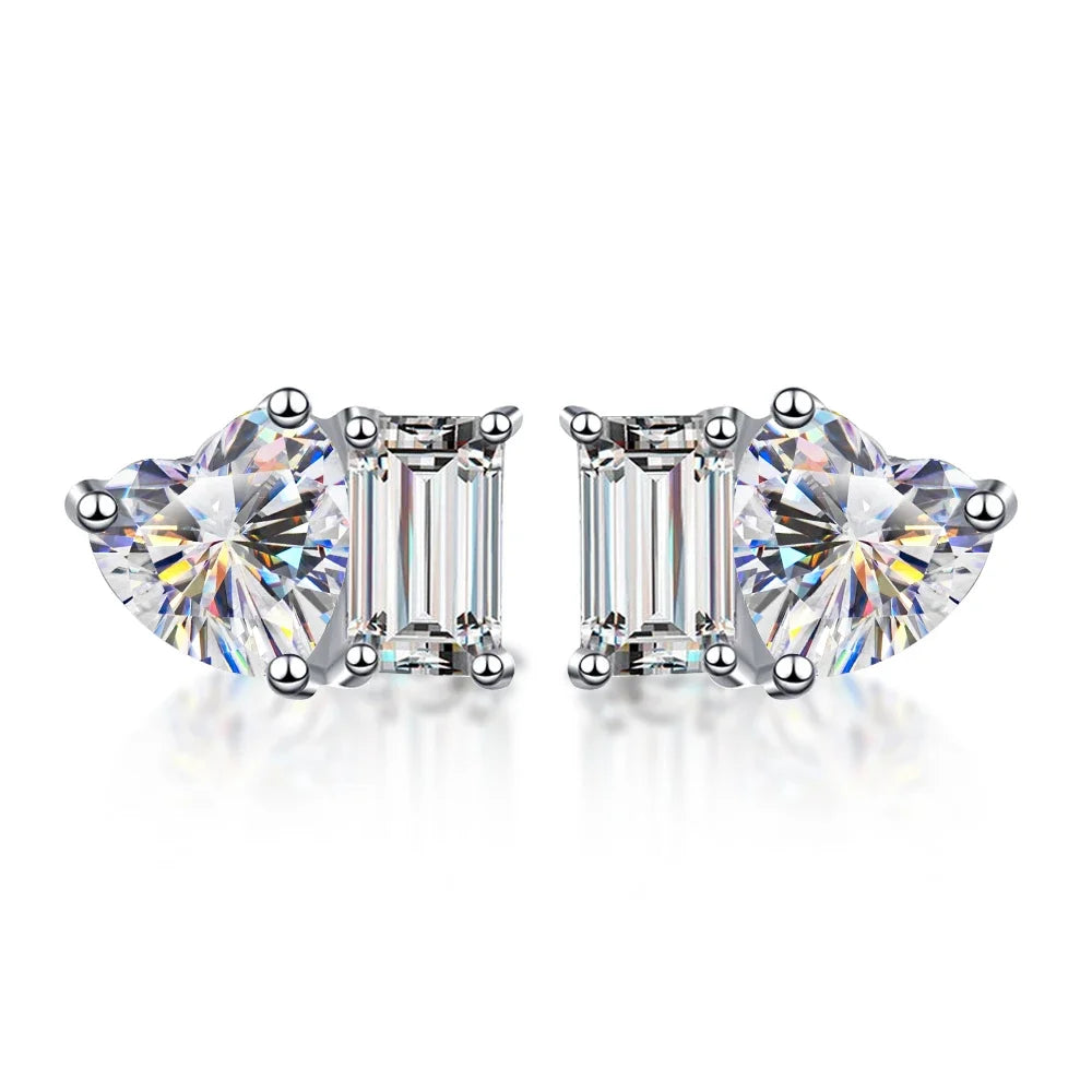 2-stone Heart Emerald Cut Moissanite Stud Earrings D Color Diamond with Certificates 925 Sterling Silver Ear Studs for Women
