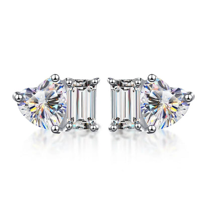 2-stone Heart Emerald Cut Moissanite Stud Earrings D Color Diamond with Certificates 925 Sterling Silver Ear Studs for Women
