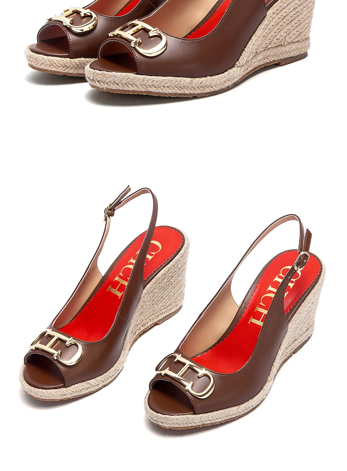 sandals summer women's casual shoes Gold INITIALS INSIGNIA PU LEATHER WEDGES Luxury brand wedge shoeses