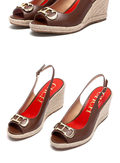 sandals summer women's casual shoes Gold INITIALS INSIGNIA PU LEATHER WEDGES Luxury brand wedge shoeses