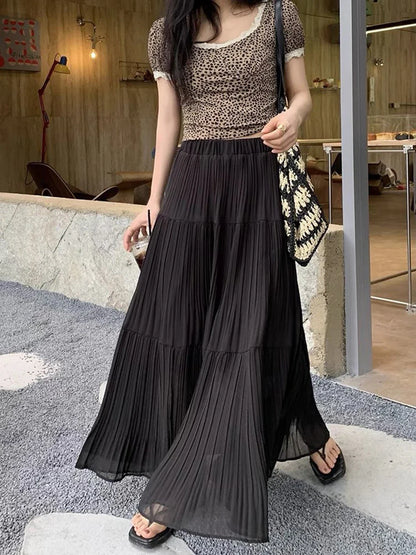 Women's High Waist Pleated Maxi Skirt, Casual A-Line Flowy Tiered Long Skirt, Elegant Beach Vacation Skirts for Ladies