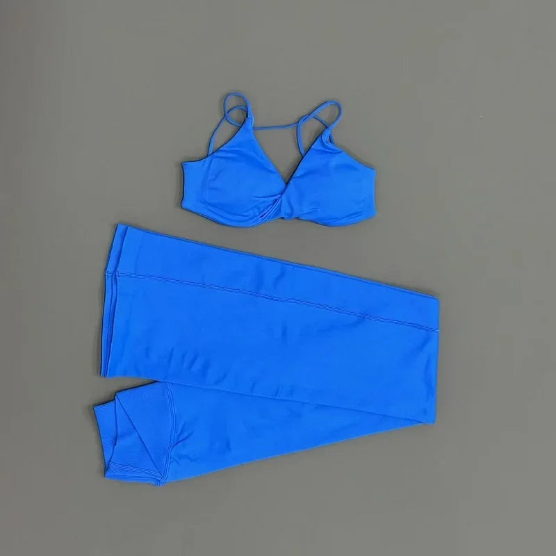 2Pcs Sports Set Women Seamless Front Tie Crossover Bra Crossover Waist Flare Leggings Sets Gym Fitness Workout Sports Sets