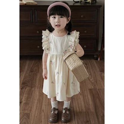 Summer Girls Dress Children's Clothing Bow Embroidered Flower Collar Girl's Dress Cartoon Printed Flying Sleeves Princess Dress