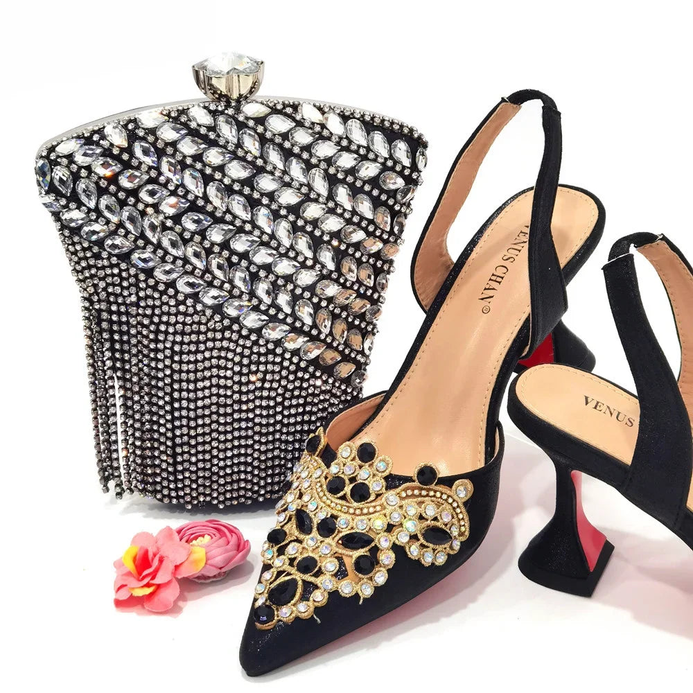 Gold New Shoes For Women Designer Pointed-Toe Luxury Wedding Peach Color Hollowed Out Design Bag and Shoes Matching Set