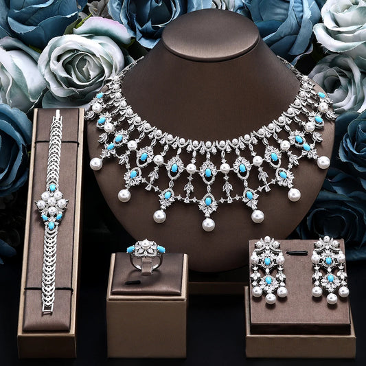 2024 New Pearl Jewelry Sets For Women Wedding Party Accessories Luxury CZ Dubai African 4-piece Bridal Jewelry Set