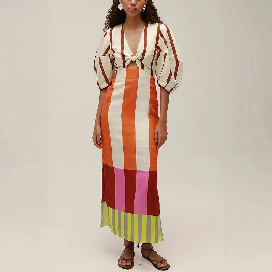 Women Linen Material Long Dresses Fashion Chic Print Sexy V-neck Hollow Out High Waist Party Dress Lady robes