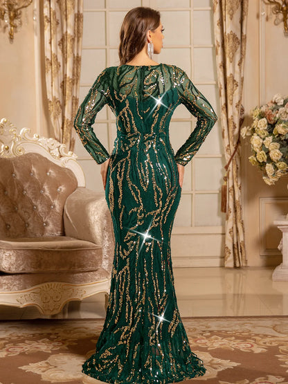 Black Gold Sequined Evening Gown for Women Elegant Full Sleeved Padded Long Prom Dresses Navy Green