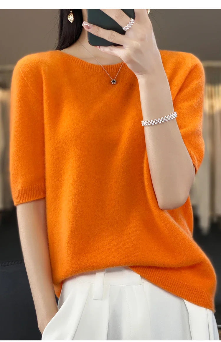 100% pure wool T-shirt spring and summer new women's O-neck pullover short sleeve loose five-sleeve sweater high-end top