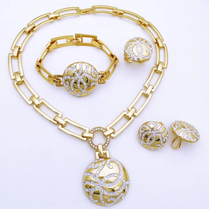 Classic Design Women Necklace Earrings Ring Bracelet Pendant Jewelry Set 18K Gold Plated Wedding Party High Quality Jewelry