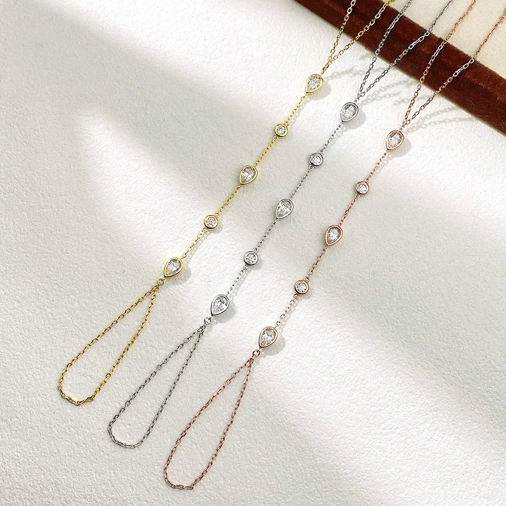 Dainty All Pear Round Cut Moissanite Finger Chain Bracelets Women 14-20cm Wrist Size Adjustable s925 Silver Hand Jewelry