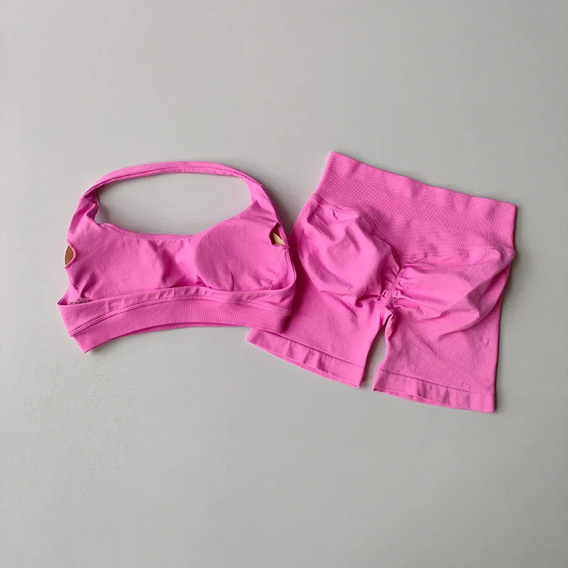 Sexy Halter Neck Beautiful Back High Waist Peach Sports Bras Shorts Suit Pilates Gathering Yoga Vest Training Fitness Bra Sets