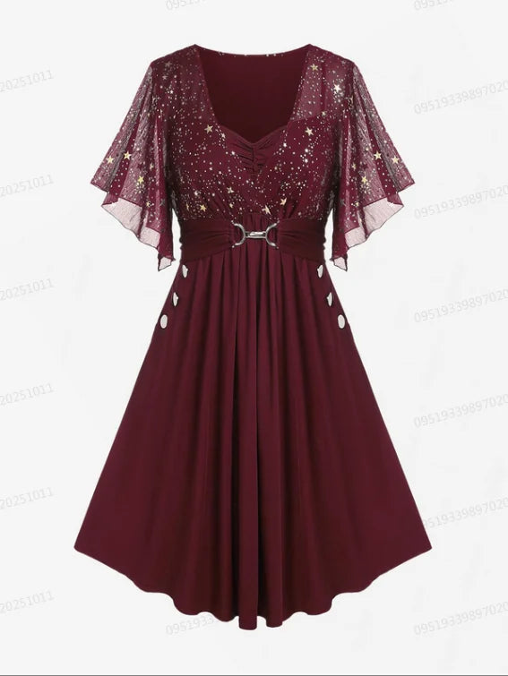 Plus Size Stars Print Buckle Button Pockets Ruched Butterfly Sleeves Dress Deep Blue Women Casual Square Collar Dresses
