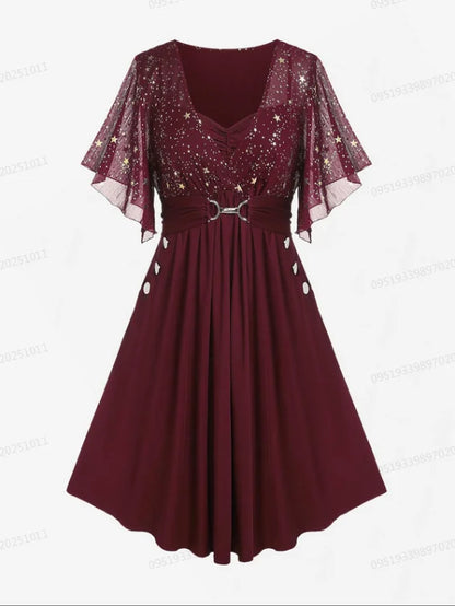 Plus Size Stars Print Buckle Button Pockets Ruched Butterfly Sleeves Dress Deep Blue Women Casual Square Collar Dresses