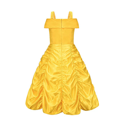 Fantasia Bela Adormecida Menina Vestido Amarelo Halloween A Bela e a Fera Fantasias Festa de Aniversário Meninas Roupas Infantis Vestido de Baile