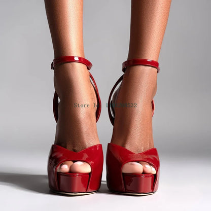 Red Patent Leather Platform High Heels  Stiletto Ankle Buckle Strap Solid New Arrivals Fashion Slingback Buckle Strap Shoes