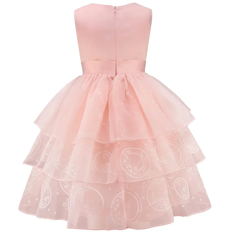 Pink Sequin Lace Wedding Dress+Magic Wand+Crown Outfits 3-13 years Teens Sleeveless fluffy Mesh Gown for girls queen clothes
