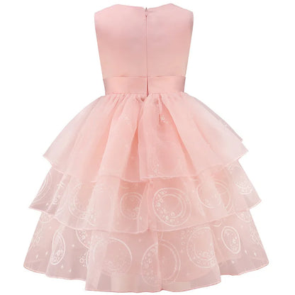Pink Sequin Lace Wedding Dress+Magic Wand+Crown Outfits 3-13 years Teens Sleeveless fluffy Mesh Gown for girls queen clothes