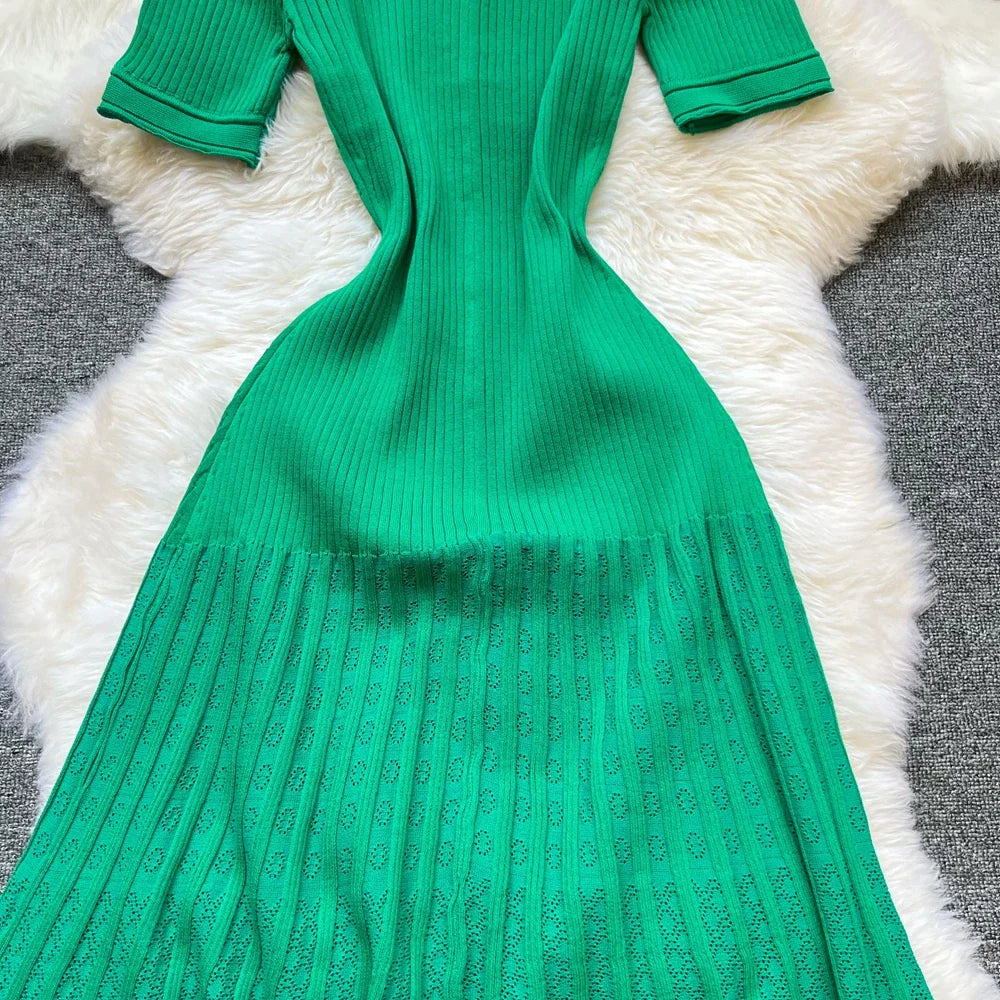 Fashion Vintage Turn-down Collar Knit Maxi Dress Elegant Single-breasted A-line Long Shirt Dress Lady Vestidos