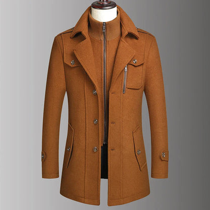 Sobretudo Masculino de Lã com Colarinho Duplo Moda Outono Inverno Estilo de Negócios Elegante Casaco de Lã Masculino de Meia-idade de Alta Qualidade