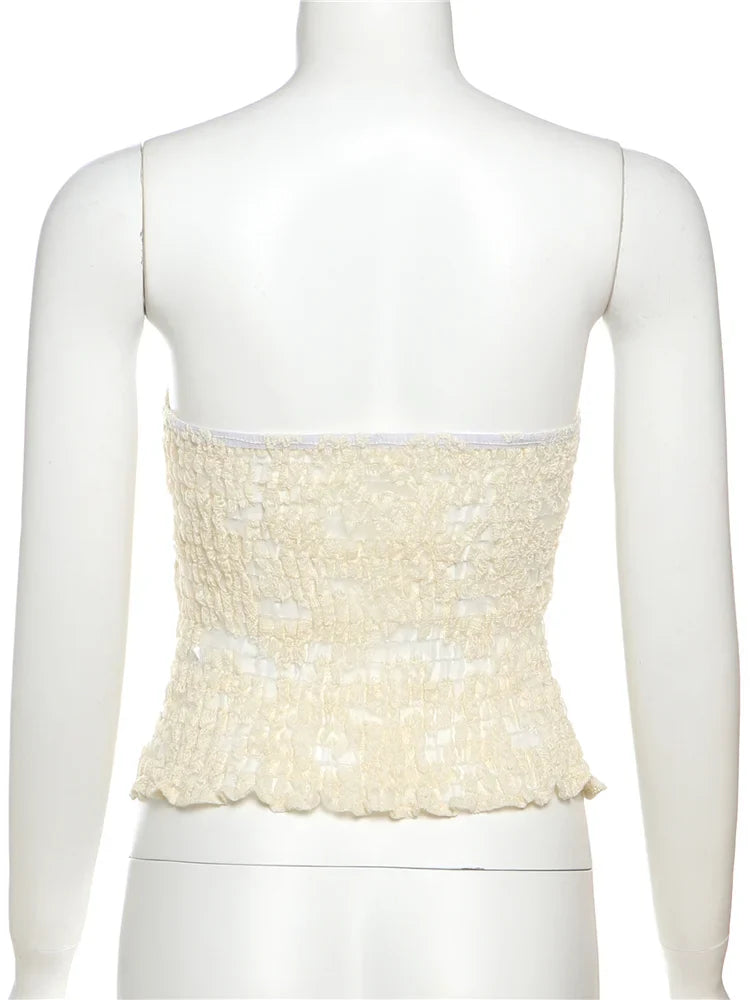 See Through Women Warp Sleeveless Lace Pattern Concealed Metal Buckle Backless Sexy Summer Trend Simple Midnight Mini Top