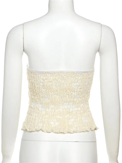 See Through Women Warp Sleeveless Lace Pattern Concealed Metal Buckle Backless Sexy Summer Trend Simple Midnight Mini Top