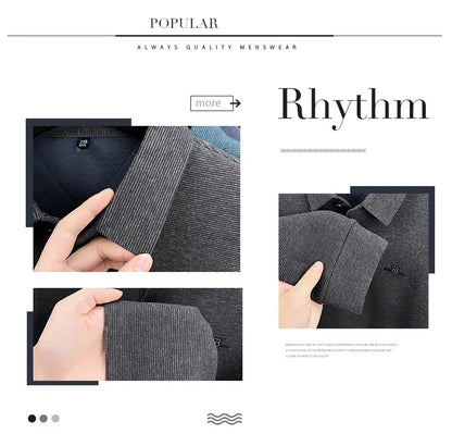 Fashion brand men's long sleeve polo shirt soft plush warm comfort new letter embossed solid color business casual lapel T-shirt
