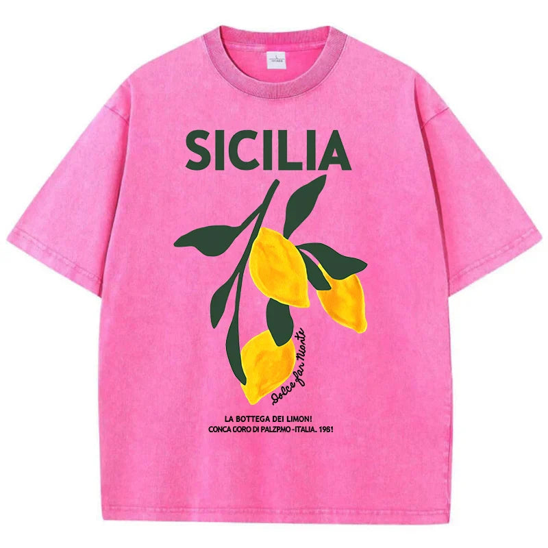 Lemon Fruit Design Women Washed T-Shirts Y2K Casual T Shirt Summer Hip Hop Top Cotton Loose Short Sleeve