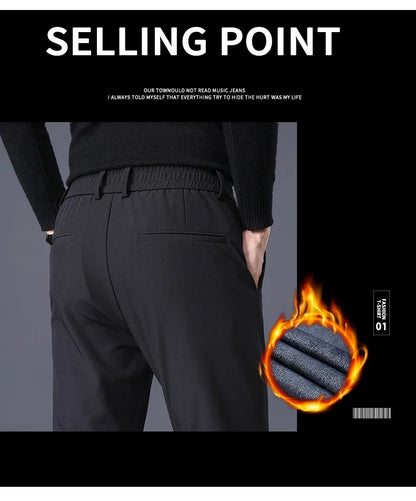 Fleece Pants Thick Men's Winter New Stretch Slim Business Warm Korean Fashion Plush Classic Trousers Male Brand 28-38