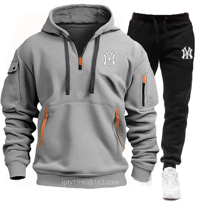 A stylish, casual and fitness two-piece set for men's autumn and winter 2025: zipper hoodie, long-sleeved pullovers and jogging