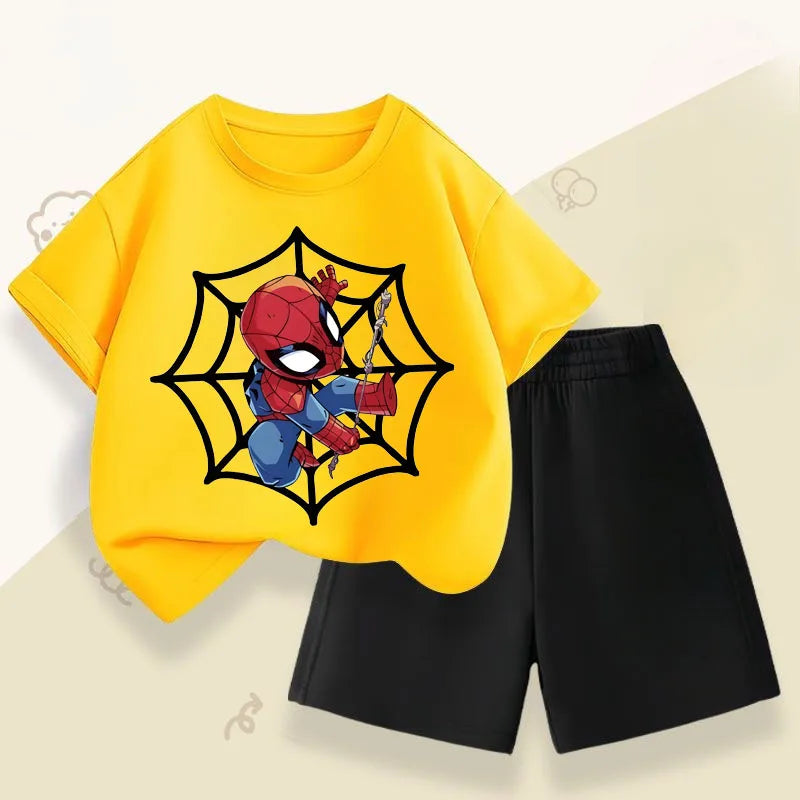 2026 Marvel Boys Casual Outfits Children Breathable T Shirt Shorts Two Piece Set Summer Kids Cartoon Print Sport Clothing Suit