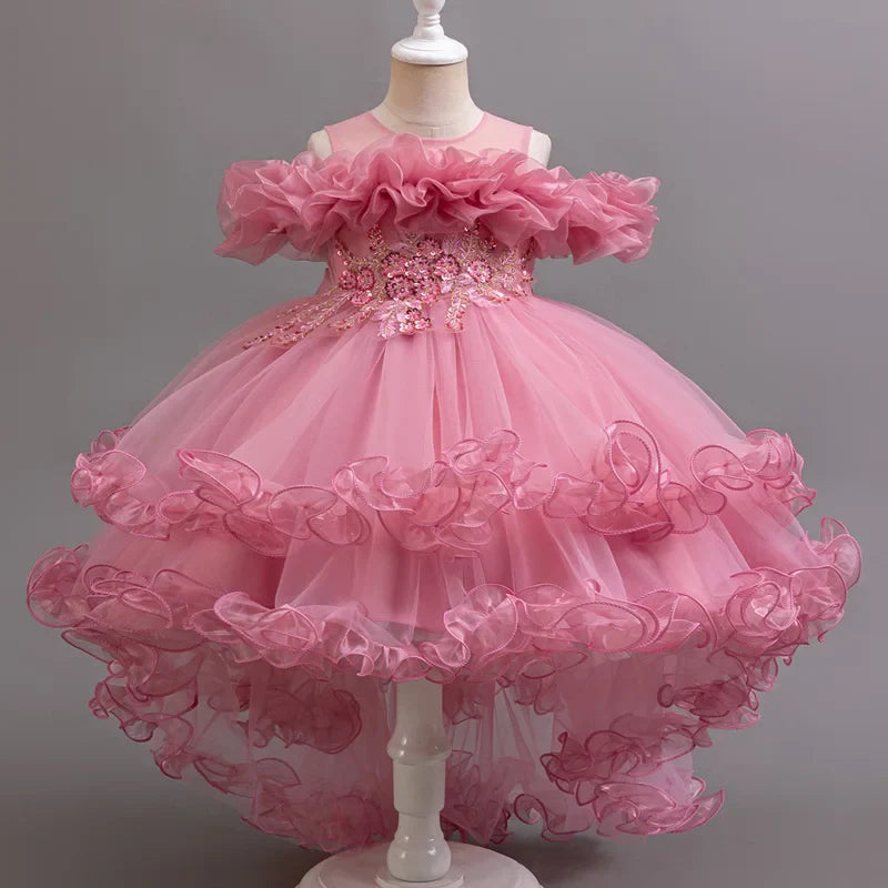 Purple Flower Bridesmaid Princess Dress For Girls Children Costumes Trailing Party Dresses Girls Dress Beaded Wedding Gown