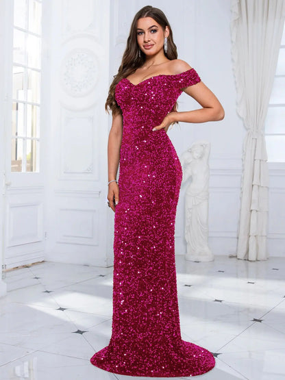 Vestido de Noite Sereia Romagic com Ombro a Ombro Vermelho, Paetê Elástico, Veludo, Gola Cortada, Comprimento Longo, Vestido de Luxo para Festa Feminina